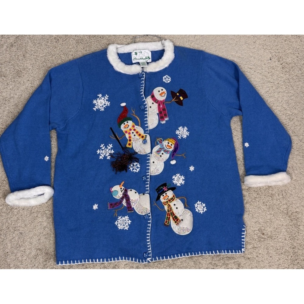 Quacker Factory Embellished Novelty Christmas Snowman Cardigan Womens 1X Blingy